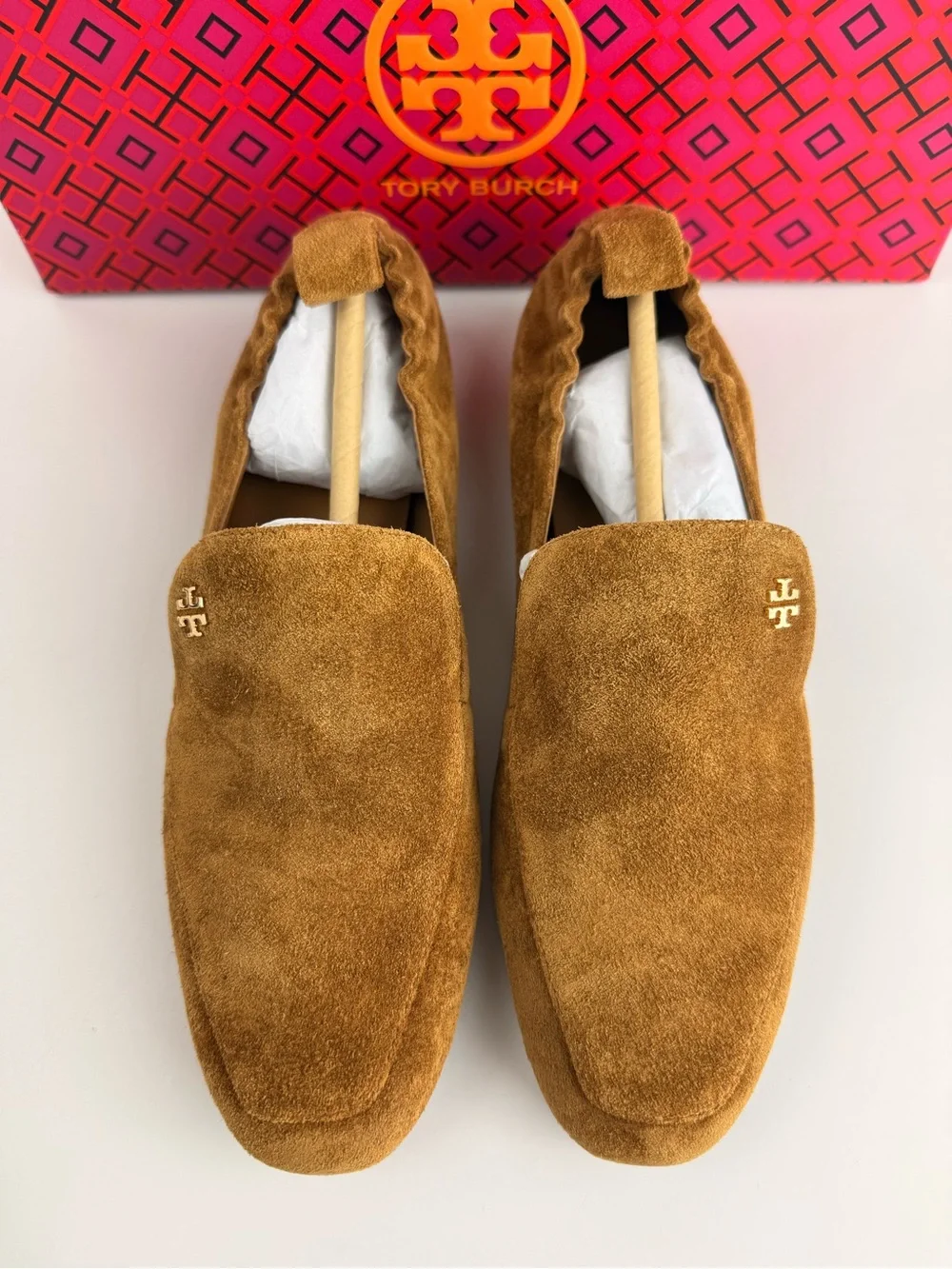 Tory Burch Kira 20mm Elastic Loafers Rhum Brown Suede Slip On Flats Size 6